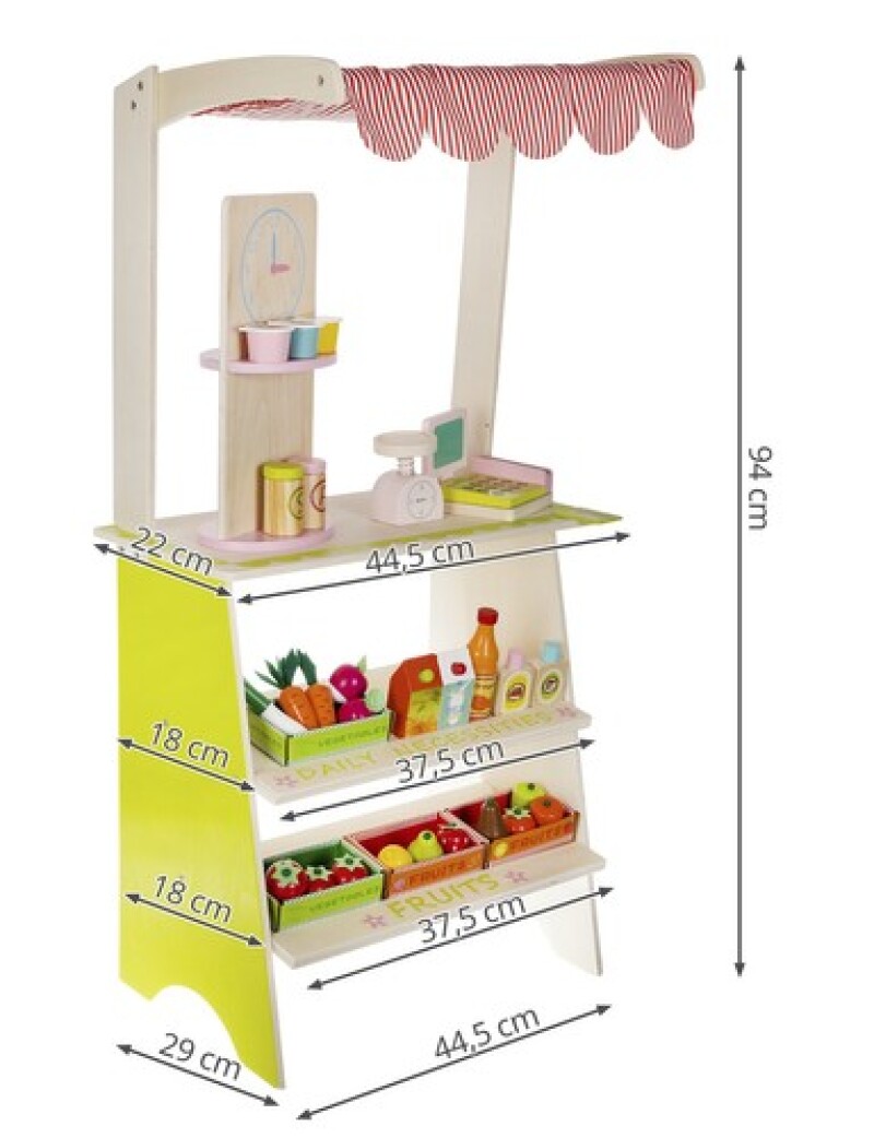 Children's wooden shop with groceries