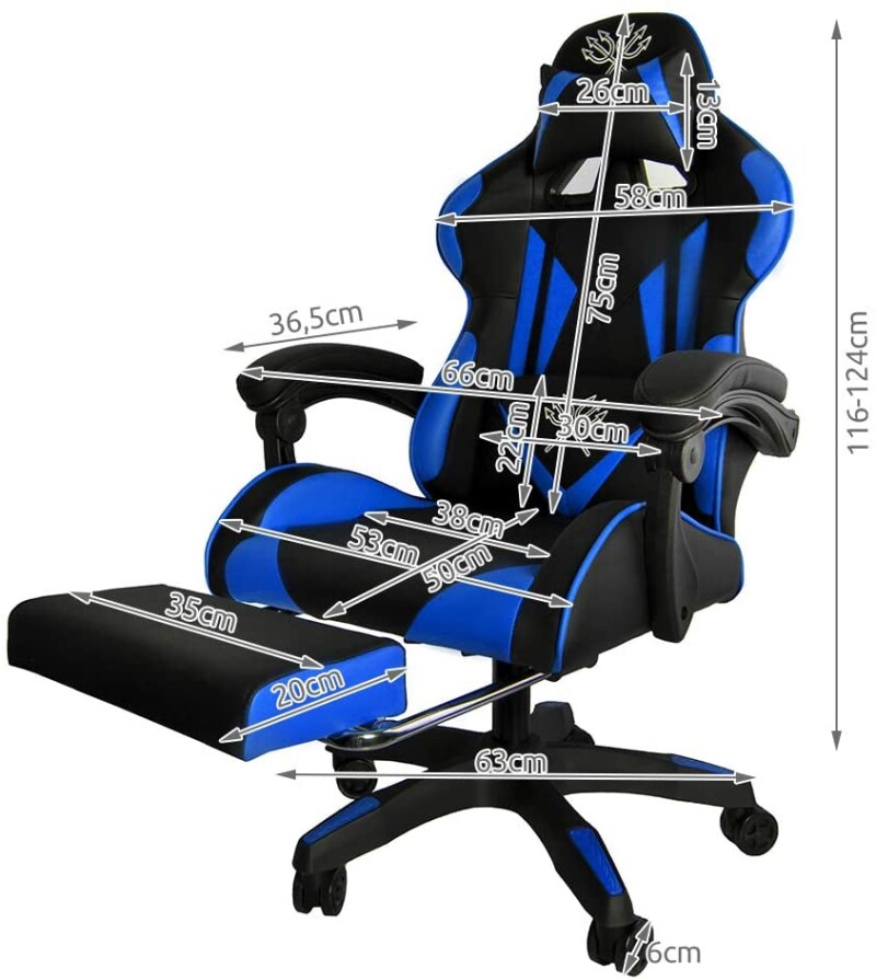Gaming chair with footrest, blue and black (8978)