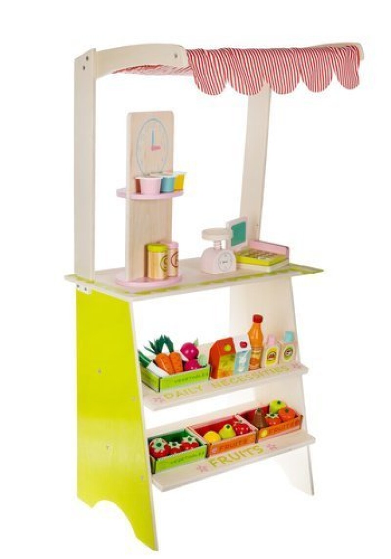 Children's wooden shop with groceries