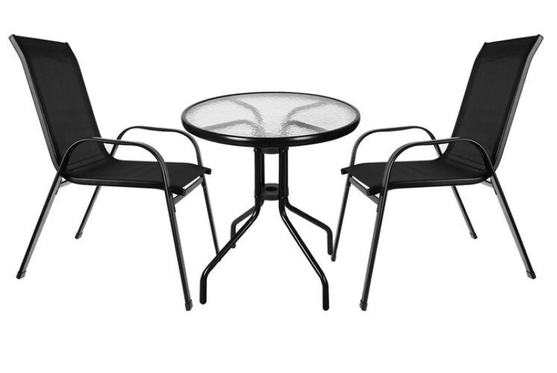 Table, metal with glass surface + 2 chairs, black