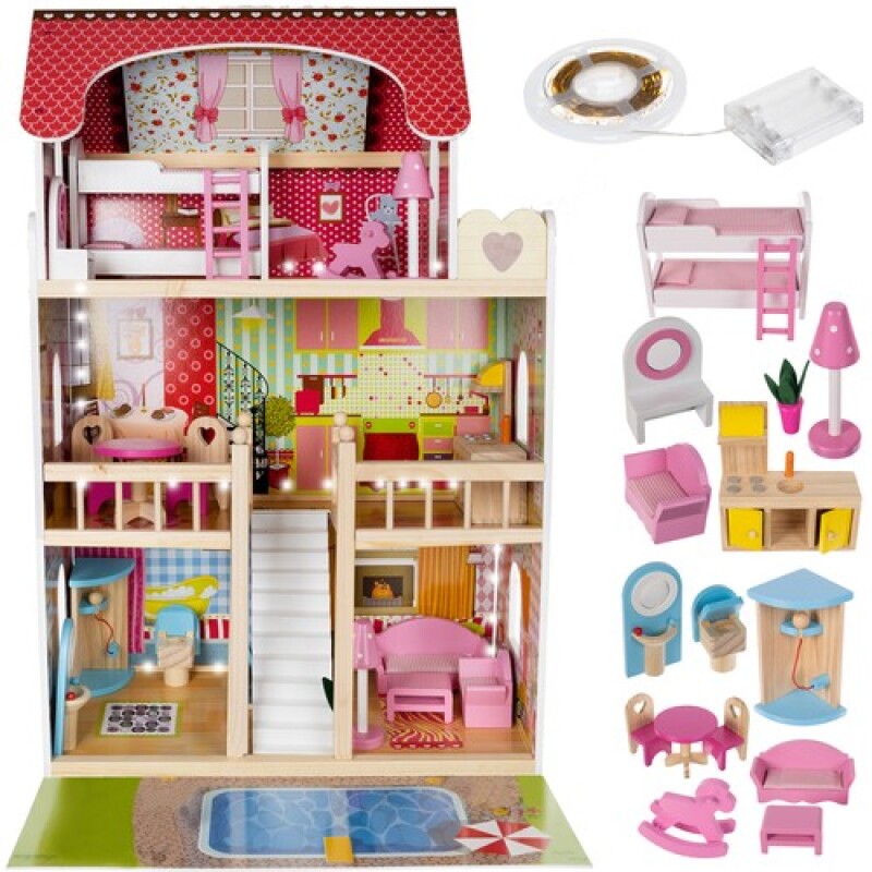 Wooden dollhouse with accessories, 90x59x29 cm