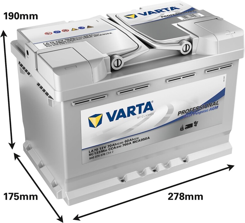 Slodzes akumulators laivu elektromotoriem VARTA Professional AGM LA70 70Ah (20h)