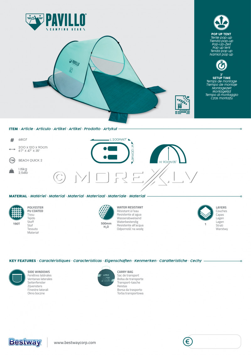 Pludmales telts Bestway Pavillo, 2.00x1.20x0.90 m, Beach Quick 2, 68107