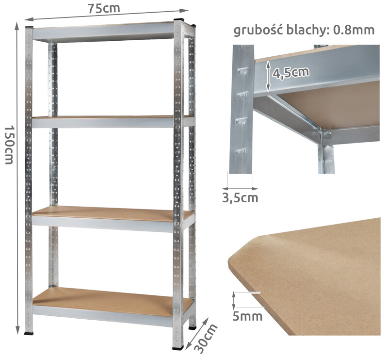 4 lygių stelažas 150x75x30 cm