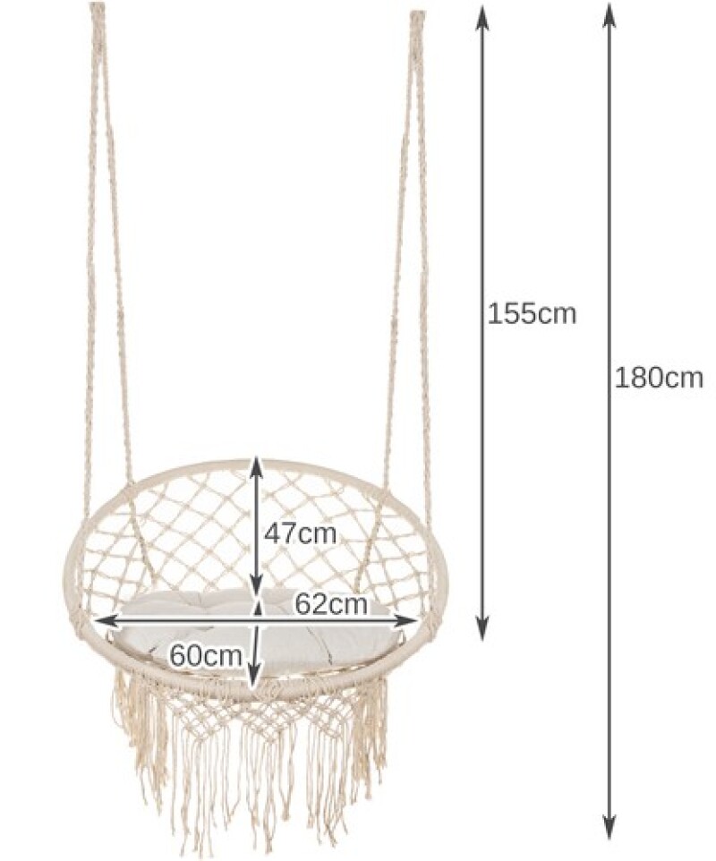 Hanging woven Macrame swing with pillow 2m, beige round