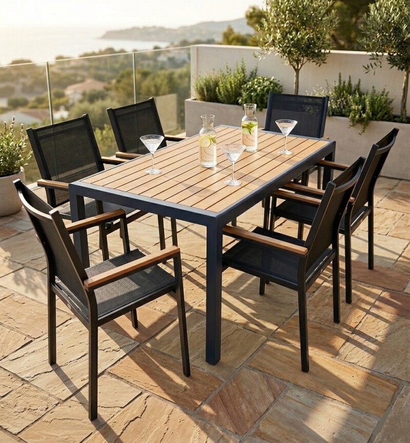 Outdoor dining table with wood texture, 150x80x74 cm