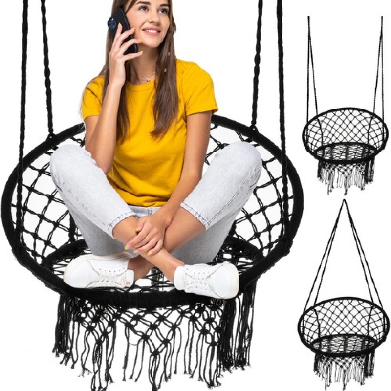 Hanging woven Macrame swing , 1,45 m black round