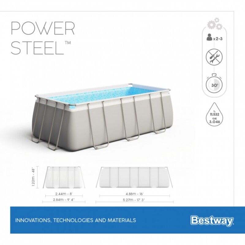 Karkasa baseins Bestway Power Steel 488х244х122 cm ar filtrējošu kartridžu sūkni un aksesuāriem (56671)