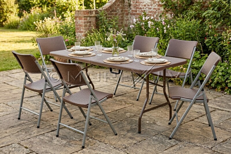 Folding table with a rattan design 183x76 cm + 6 chairs