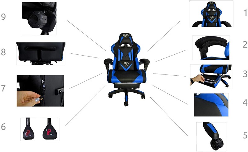 Gaming chair with footrest, blue and black (8978)