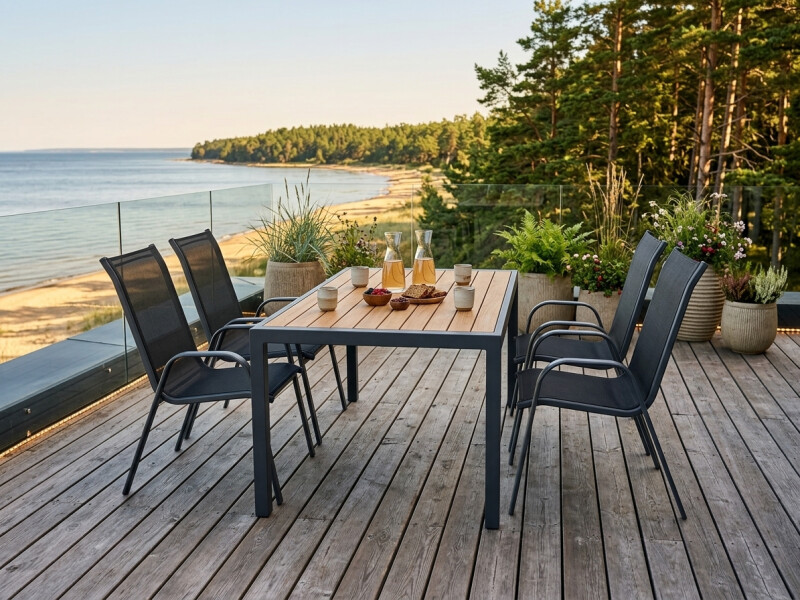 Outdoor dining table with wood texture, 150x80x74 cm