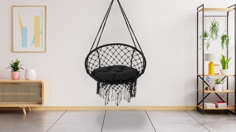 Hanging woven Macrame swing with pillow 2m, black round