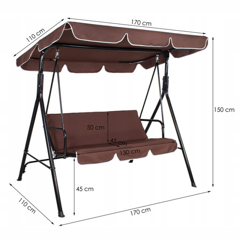 Garden swing 170x110x153 cm, 3-seat, brown