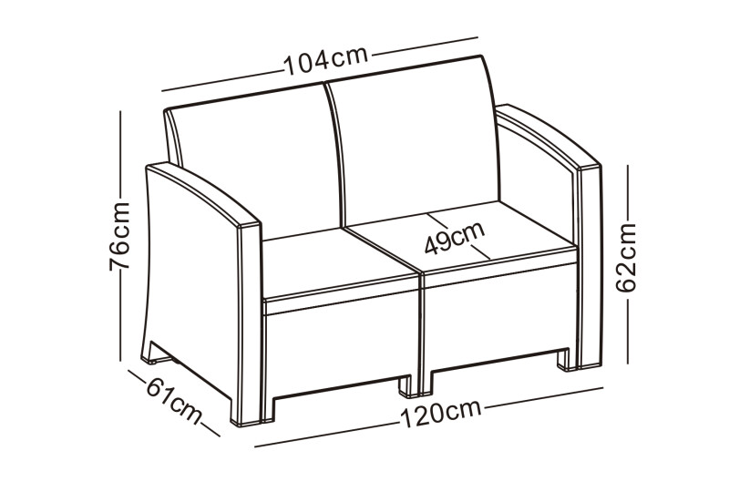 Double rattan garden sofa 120 cm, grey