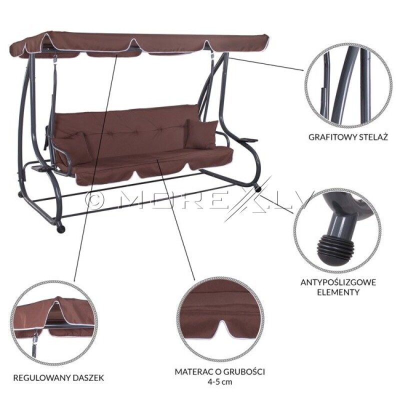 Garden swing 230x120x170 cm, 4-seat, brown