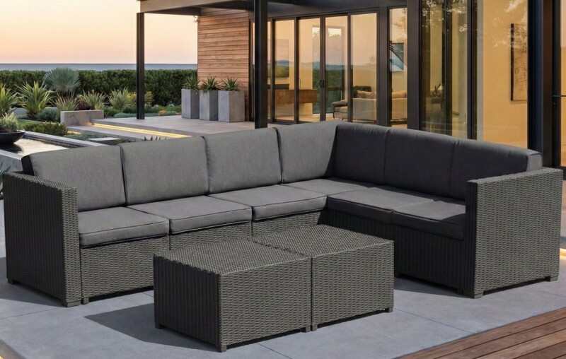Corner rattan garden sofa 247x190 cm and 2 tables 56x56 cm, grey