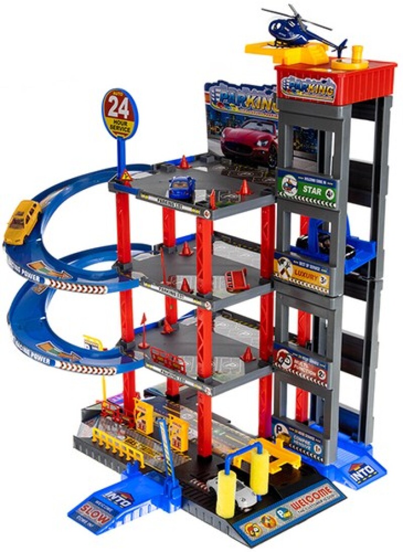 4-level car park with set of cars + a helicopter