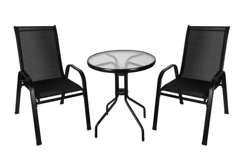 Table, metal with glass surface + 2 chairs, black