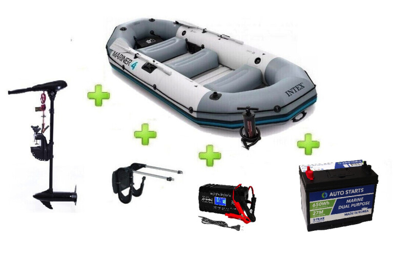 Intex MARINER 4 FULL SET ar Neraus NRS 36X + Marine Dual Purpose Battery 95Ah