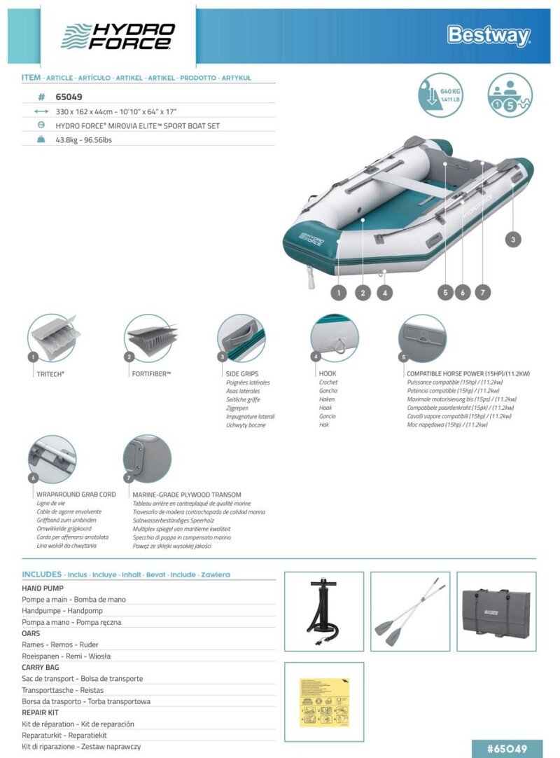 Inflatable 5-seat boat Bestway Sportboot-Set Mirovia Elite 330x162x44 cm, 65049