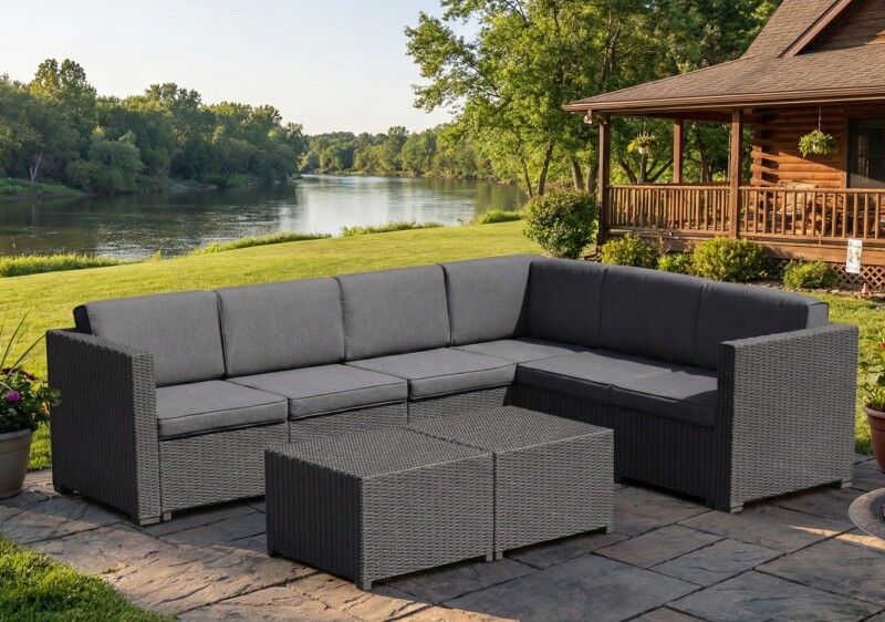 Corner rattan garden sofa 247x190 cm and 2 tables 56x56 cm, grey