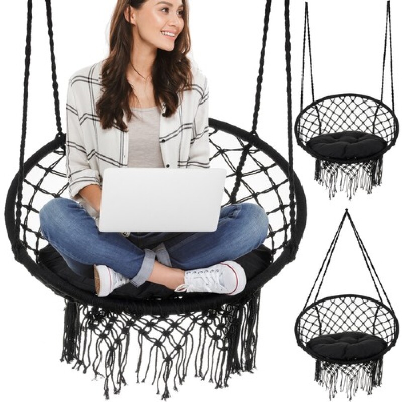 Hanging woven Macrame swing with pillow 2m, black round