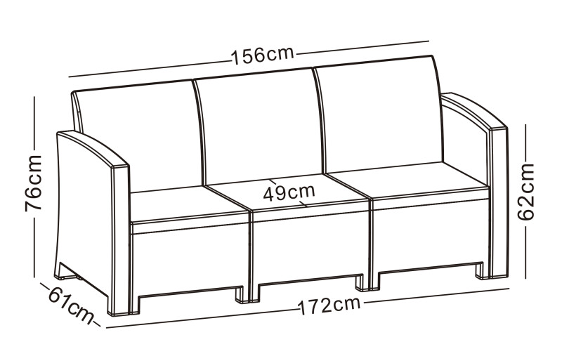Rattan 3 seat sofa 172x65.6x76 cm, charcoal
