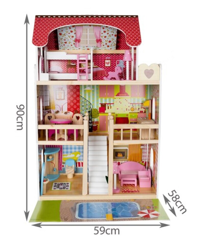 Wooden dollhouse with accessories, 90x59x29 cm