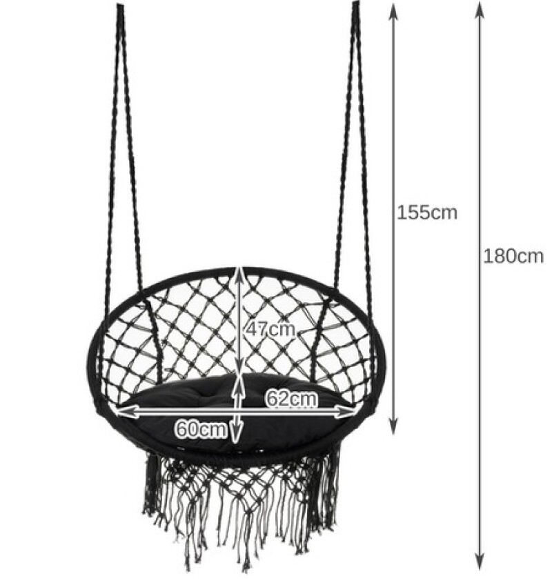 Hanging woven Macrame swing with pillow 2m, black round
