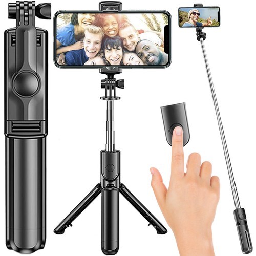 Selfie stick with tripod and remote control