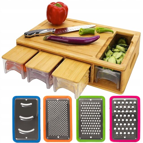 Bamboo board with 4 containers and graters