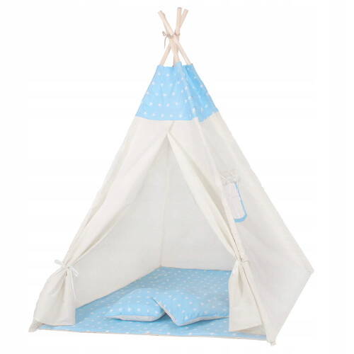 Bērnu rotaļu telts ar spilveniem, gaiši zila ar zvaigznēm, 160 x 120 x 100 cm