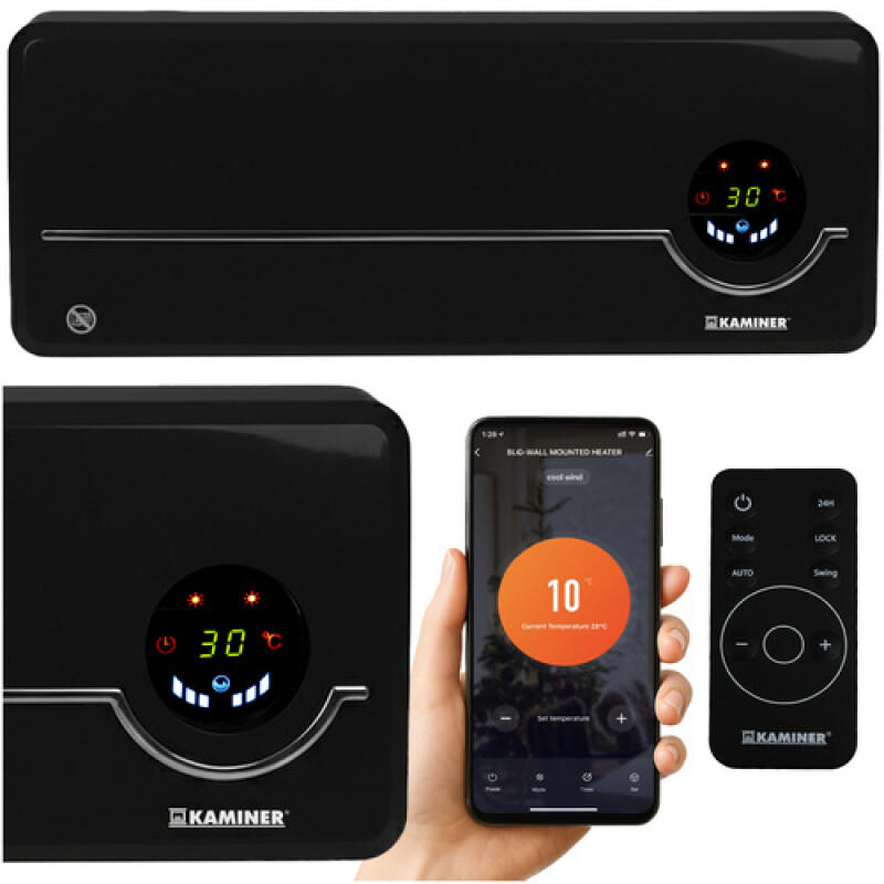 Sienas elektriskais sildītājs 1000W / 2000W ar taimeri, melns