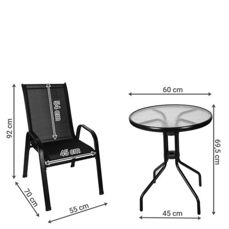 Galds, metāla ar stikla virsmu + 2 krēsli, melns