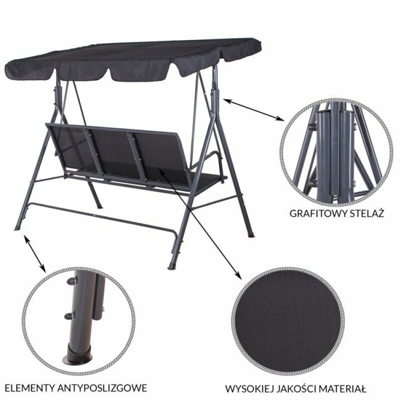 Garden swing 170x110 cm, 3-seat, black