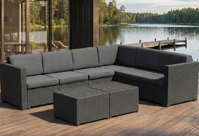 Corner rattan garden sofa 247x190 cm and 2 tables 56x56 cm, grey