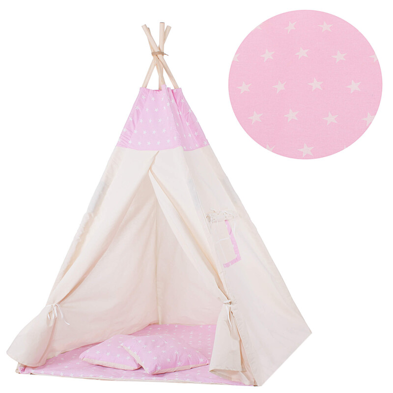 Kids play tent with cushions, pink with stars, 160 x 120 x 100 cm