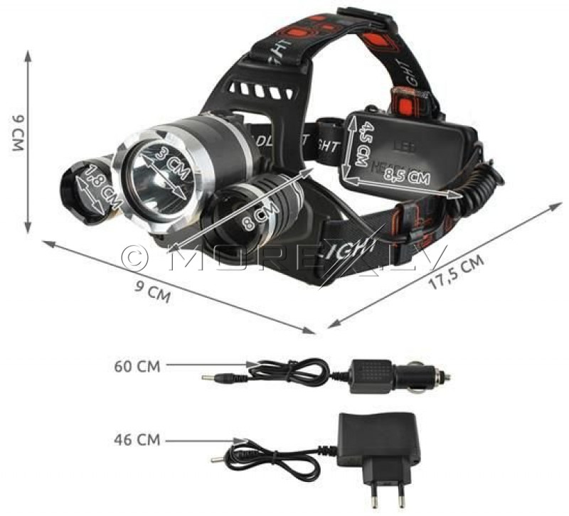 LED headlamp, 4 modes, 3 lamps