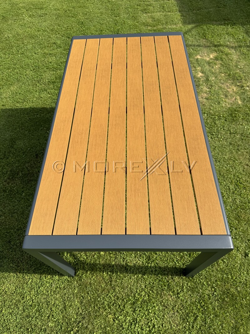Outdoor dining table with wood texture, 150x80x74 cm