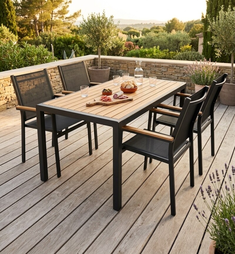 Outdoor dining table with wood texture, 150x80x74 cm