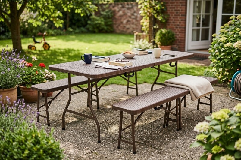 Saliekams galds ar rotangpalmas dizainu 183x76 cm + 2 soli